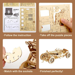 ROBOTIME Model Car Kits - Wooden 3D Puzzles - Model Cars to Build for Adults 1:16 Scale Model Grand Prix Car